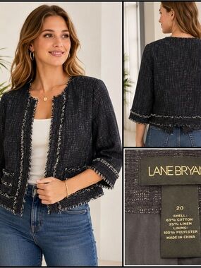 Lane Bryant Black linen/cotton Fringe Cropped Jacket-size 20-beach-boho-party